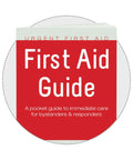 Front view of a red pocket First Aid Guide booklet with white title text