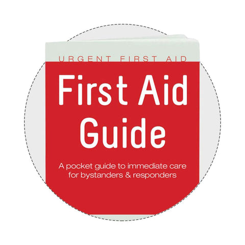 Front view of a red pocket First Aid Guide booklet with white title text