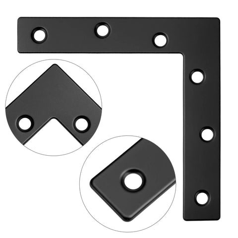 Rock Solid Heavy Duty Flat L Brackets For Wood And Furniture Repair 8 Pack Matte Black with mounting holes for support.