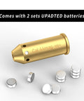 Bore Sight For 44 Magnum Caliber With Red Dot Laser Sight Class IIIA Less Than 5mW Bright Red Laser, brass and batteries displayed