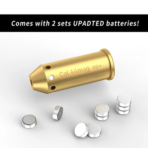 Bore Sight For 44 Magnum Caliber With Red Dot Laser Sight Class IIIA Less Than 5mW Bright Red Laser, brass and batteries displayed