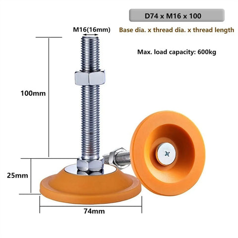 Zero Wobble Rock Solid Heavy Duty Adjustable Leveling Feet, 100mm tall, 74mm base, thick carbon steel plates, for machinery use.