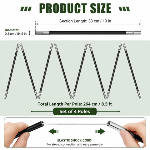 Diagram showing 8.5Feet Fiberglass Tent Pole Replacement Kit with dimensions, elastic shock cord feature, 8mm diameter poles