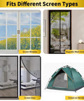 Screen Repair Tape With Heavy Duty Adhesive Fiberglass Mesh Patch For Windows And Doors Fast Durable Tear And Hole Fix Easy DIY Repair for screens shown on window, door, tent.