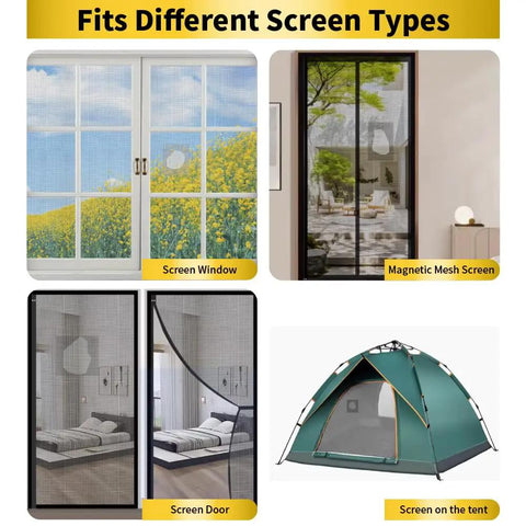 Screen Repair Tape With Heavy Duty Adhesive Fiberglass Mesh Patch For Windows And Doors Fast Durable Tear And Hole Fix Easy DIY Repair for screens shown on window, door, tent.