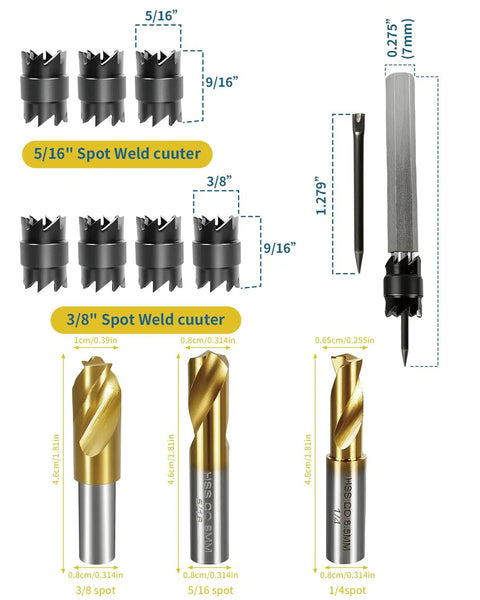 Heavy Duty Top Notch Double Sided Spot Weld Cutter Set, 13 Piece 3/8 And 5/16 Inch HSS Titanium Cobalt Drill Bits With Hex Shank