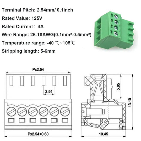 4 Pin Screw Terminal Block Connector with 2.54mm Pitch for PCB Mount, 125V 4A Rating, technical diagram and specifications