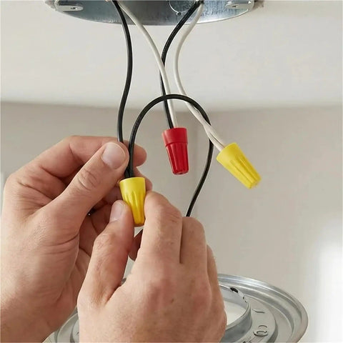 Huge 500PCS Wire Connector Kit With P1 Through P6 Twist Terminal Caps For Solid And Stranded Copper Wiring That Really Locks Things Down Tight And Keeps Your Electrical Gigs Safe From Shorts Or Accidental Shocks. Twist-on wire connectors on ceiling wiring, yellow and red caps
