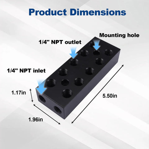 Dimensions of Multi Port Pneumatic Manifold For Air Water And Oil Distribution Inline Block Splitter Dual Row 5 Way 7 Port One Quarter Inch NPT