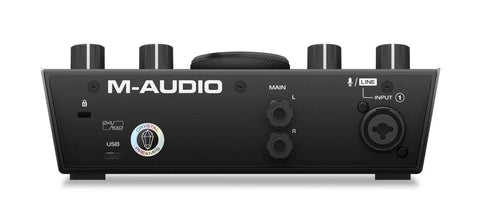 Front view of USB-C Audio Interface Kit With 2 In 2 Out, showing control knobs for recording and streaming at 24-bit/192kHz.
