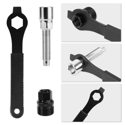 Bike Crank Puller Tool Set With Bottom Bracket Remover And Allen Key Wrench Square Head and Auxiliary Wrench components displayed