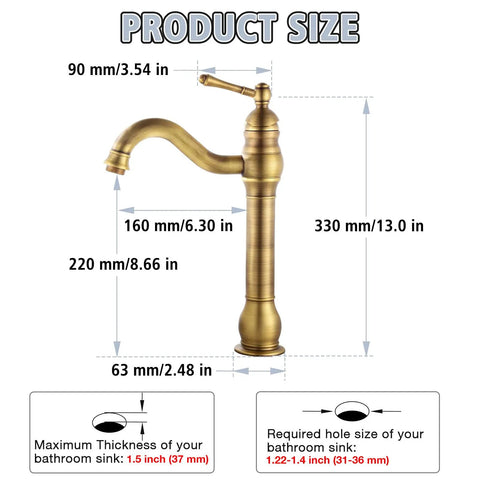 Antique Brass Vessel Sink Faucet With 360 Degree Swivel Spout Tall Brushed Brass Lavatory Vanity Mixer Single Handle Hot Cold Water No Splash Filtered Bubbler Pop Up Drain Deck Mount