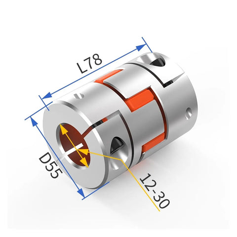 Heavy Duty Aluminum Plum Flexible Shaft Coupling With Durable Spider Jaws For High Torque CNC Applications And Motor Drive Systems. Dimensions L78, D55.