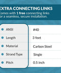 Durable Roller Chain Carbon Steel ANSI 40 One Half Inch Pitch Three Feet Long Seventy One Links Free Connecting Link Included chart
