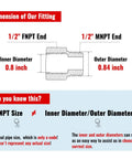 Diagram showing dimensions of 1/2 inch FNPT and MNPT brass pipe fittings adapters with inner diameter of 0.8 inch.