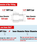 Diagram showing dimensions of 1/2" FNPT to 1/2" MNPT brass pipe fittings for shower heads and plumbing DIY, highlighting inner and outer diameters.