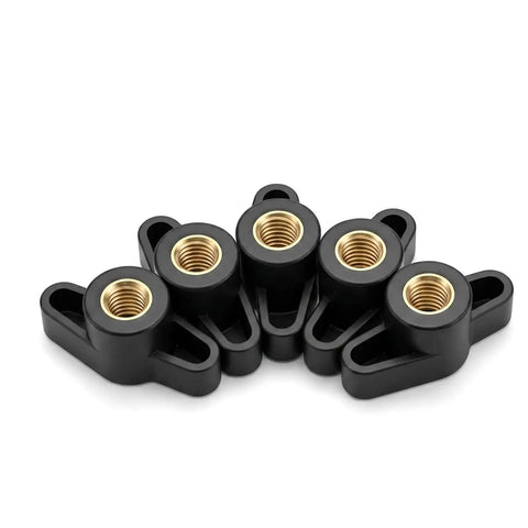10 Pack Black M8 Through Hole T Knobs Built Tough Quick Release Clamping Nuts with copper inserts for T track applications.