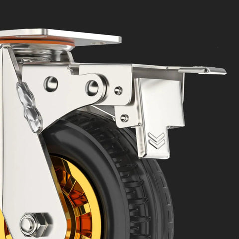 Heavy Duty Swivel Caster Wheels 3 Inch Rubber Rolling Set Roll Smooth With Quiet Brakes, close-up of brake and wheel detail.