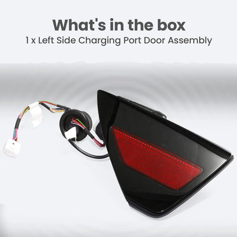 Heavy Duty Charging Port Door Cover Rear Left Fits Tesla Model 3 And Model Y 2017 To 2023 in packaging with wiring.