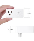 Hand holding 2 Pack WiFi Heavy Duty Smart Plug Outlet No Hub Required With Timer Function Hands Free Voice Control Works With Alexa And Google Assistant 2 4 Ghz Network Only White, showing size dimensions 1.5 x 1.1 inches