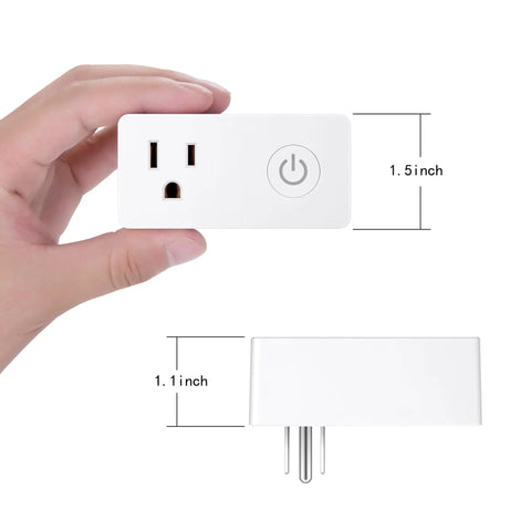 Hand holding 2 Pack WiFi Heavy Duty Smart Plug Outlet No Hub Required With Timer Function Hands Free Voice Control Works With Alexa And Google Assistant 2 4 Ghz Network Only White, showing size dimensions 1.5 x 1.1 inches