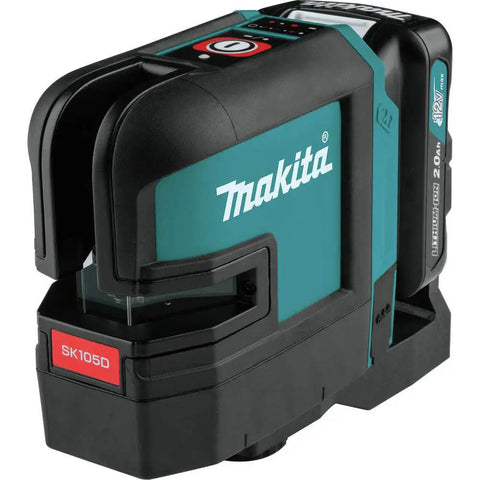 Heavy Duty Cordless Cross Line Laser Level Kit With 12 Volt Battery And Red Beam Self Leveling Tech angled view with battery compartment.