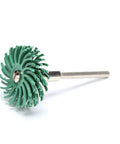 Radial Bristle Disc 1 Inch Diameter Deburring And Finishing Tool with abrasive filled bristles and ceramic grain in green.