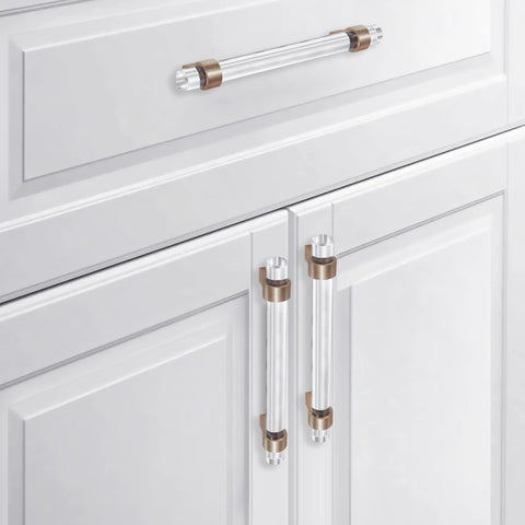 Crystal Glass Drawer Pulls In Champagne Bronze Finish Set Of Five Cabinet Handles With Faceted Crystals on white cabinets