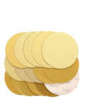 Rock Solid 5 Inch Yellow Dry And Wet Sanding Discs With 80 Grit for Heavy Duty wood metal surface prep, showing multiple round yellow sanding discs.