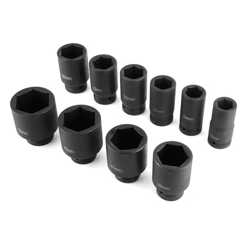 Heavy Duty 10 Pc Metric Impact Socket Set With 3/4 Inch Drive Deep Sockets For Lug Nuts Range From 22mm To 50mm Chrome Molybdenum Steel Built Tough For Auto Repair And Garage Workshops, 22-50mm sockets