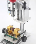 7-Speed Bench Drill Press For Jewelry Making Adjustable Hole Machine Drilling Ivory Silver Crystals Jade Agate Amber Crafts With Precision Clamp And Chuck Kit close-up of CNC aluminum frame and brass chuck.