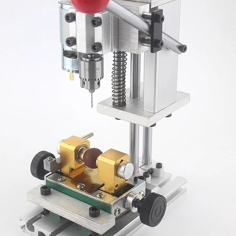 7-Speed Bench Drill Press For Jewelry Making Adjustable Hole Machine Drilling Ivory Silver Crystals Jade Agate Amber Crafts With Precision Clamp And Chuck Kit close-up of CNC aluminum frame and brass chuck.