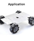 Robot car chassis with four 96mm mecanum wheels on a metal frame for DIY STEM projects