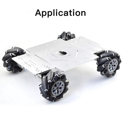 Robot car chassis with four 96mm mecanum wheels on a metal frame for DIY STEM projects