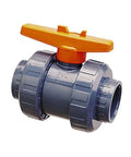 Premium 0.75 Inch True Union Ball Valve For Household Plumbing Featuring Hella Durable Metal Craftsmanship And No Nonsense Flow Control For Quick Pipe Repairs in PVC with orange handle.