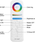 Remote control for Outdoor Up And Down Wall Light With Lit RGB Color Changing LEDs 12W, featuring color and brightness adjustment.
