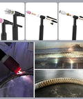 100 Piece TIG Welding Torch Kit With Glass Cup And Stubby Gas Lens, showing torch components and sample welds for WP 17 18 26 torches