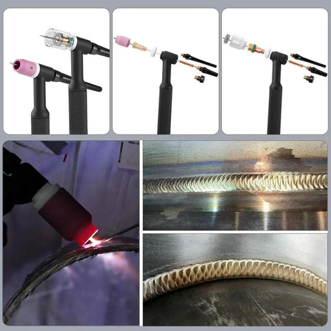 100 Piece TIG Welding Torch Kit With Glass Cup And Stubby Gas Lens, showing torch components and sample welds for WP 17 18 26 torches