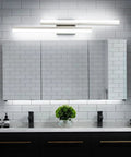 32 Inch LED Bathroom Vanity Light Bar In Brushed Nickel Dimmable Over Mirror Fixture, sleek modern bath lighting over tiled wall mirror.