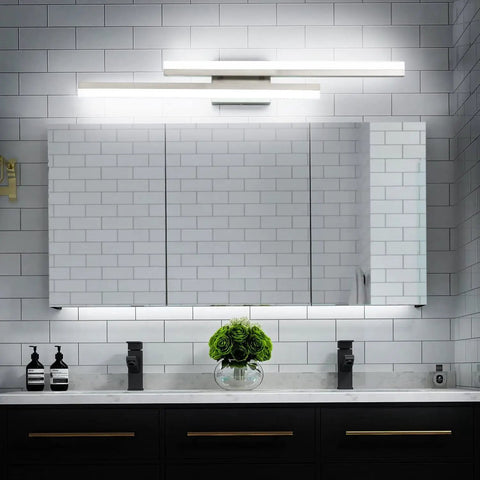 32 Inch LED Bathroom Vanity Light Bar In Brushed Nickel Dimmable Over Mirror Fixture, sleek modern bath lighting over tiled wall mirror.