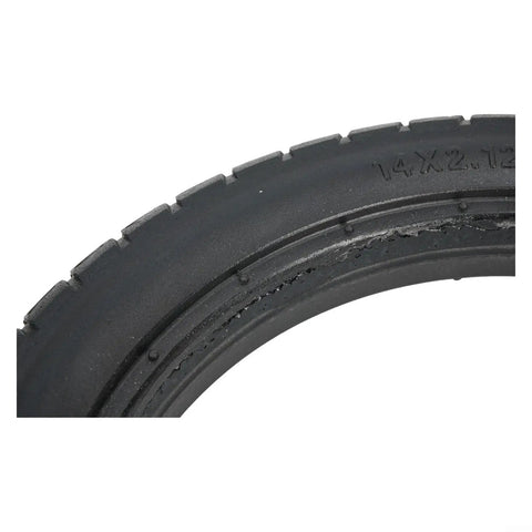 Get Ready For Smooth Rides With These 14x2.125 Solid Tires Designed For E-Bikes Featuring Puncture Proof Construction That Keeps You Rolling Without Flats Or Blowouts Ever Again. black 14x2.125 solid rubber tire close-up