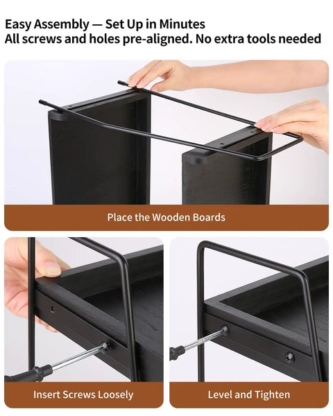 Assembly steps for Two Tier Coffee Bar Organizer For Countertop With Metal Frame And Wooden Shelves All In One Coffee Station Rack.