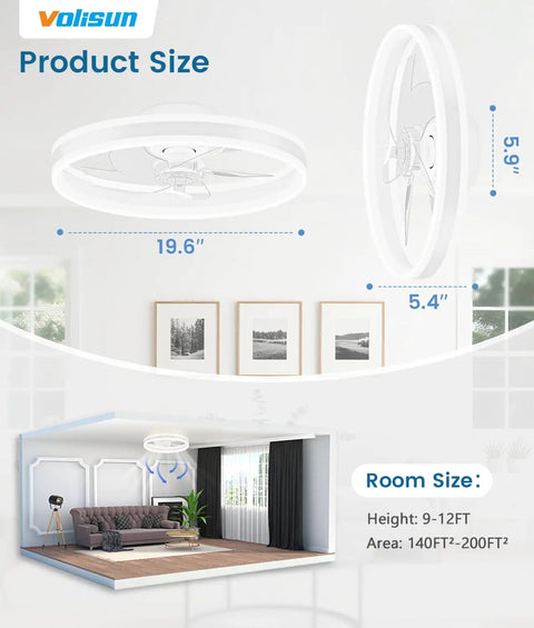 Compact 20in Bladeless Ceiling Fan With Dimmable Led Light And Wifi App Control Low Profile Flush Mount Bedroom Upgrade showing product size and room fit.