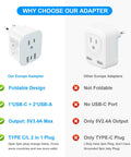 Comparison of All In One Universal Travel Adapter With USB C And USB A Ports, Worldwide Compatibility for USA, Europe, UK, Australia showing foldable design and ports.