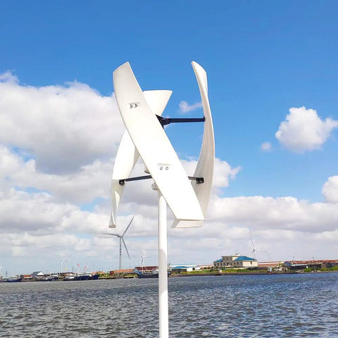 10KW Vertical Maglev Wind Turbine Generator Kit Lantern Three Blades Mppt Controller Off Grid Inverter 120V 240V in scenic waterfront setup.