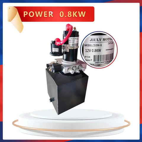 Portable 12V Hydraulic Power Unit For Car Lifts And Dump Trailers, compact 0.8 kW pump with label and specifications visible