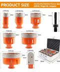 BGTEC 8-piece diamond core drill bit set (25–75 mm) in orange with storage case