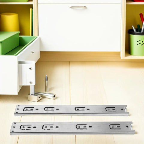 Stainless Steel Drawer Slides For Bathrooms And Kitchens, 2 Pack, Smooth Silent Three Section Rail System, side view on floor