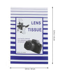 Front view of lens tissue pack, white with blue stripes, 10×15 cm, 100 sheets for cleaning lenses, cameras and glasses.
