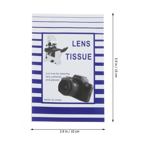 Front view of lens tissue pack, white with blue stripes, 10×15 cm, 100 sheets for cleaning lenses, cameras and glasses.